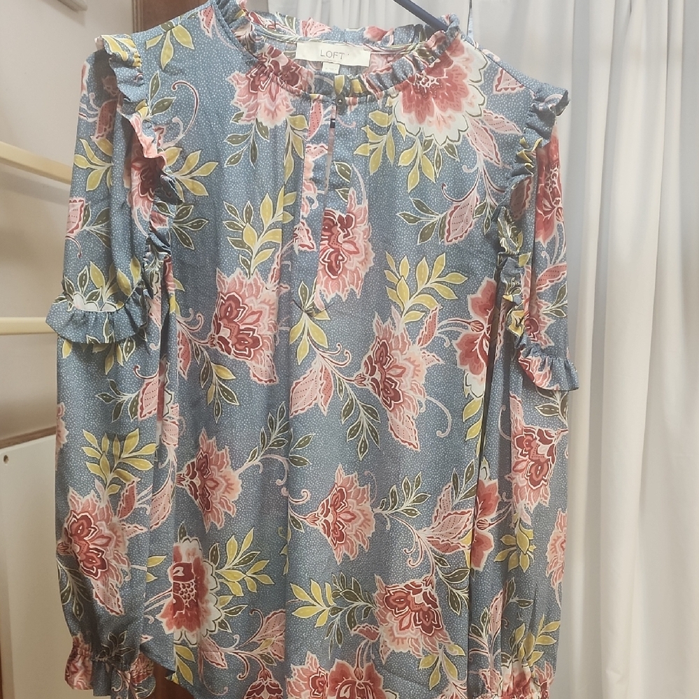 LOFT Pink and Gray Ruffled Bib Collar Blouse